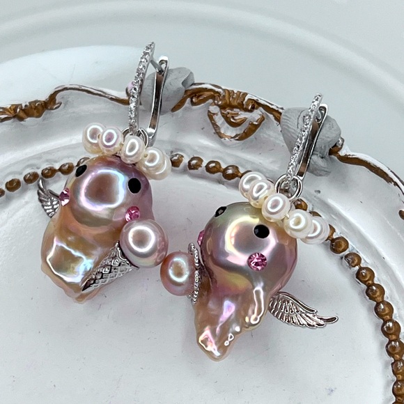 😍🥰 Handmade Premium S925 SS Freshwater Flameball Pearl Character Earrings